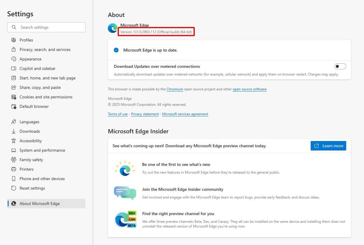 Kiểm tra phiên bản của Microsoft Edge